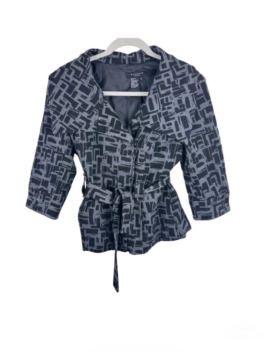 Sandro Black Gray Collared Belted Soft Shell Trendy Dressy Button Up Jacket Sz S